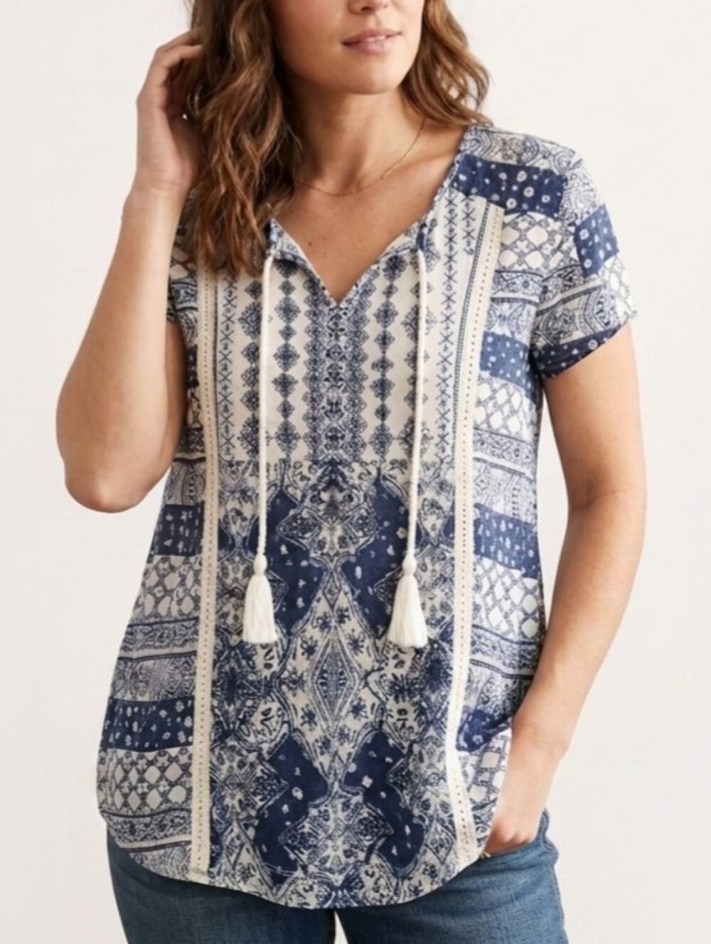 Sz M Style&Co. Navy and Off-White Tassel Tie Printed Short Sleeve Boho Tunic